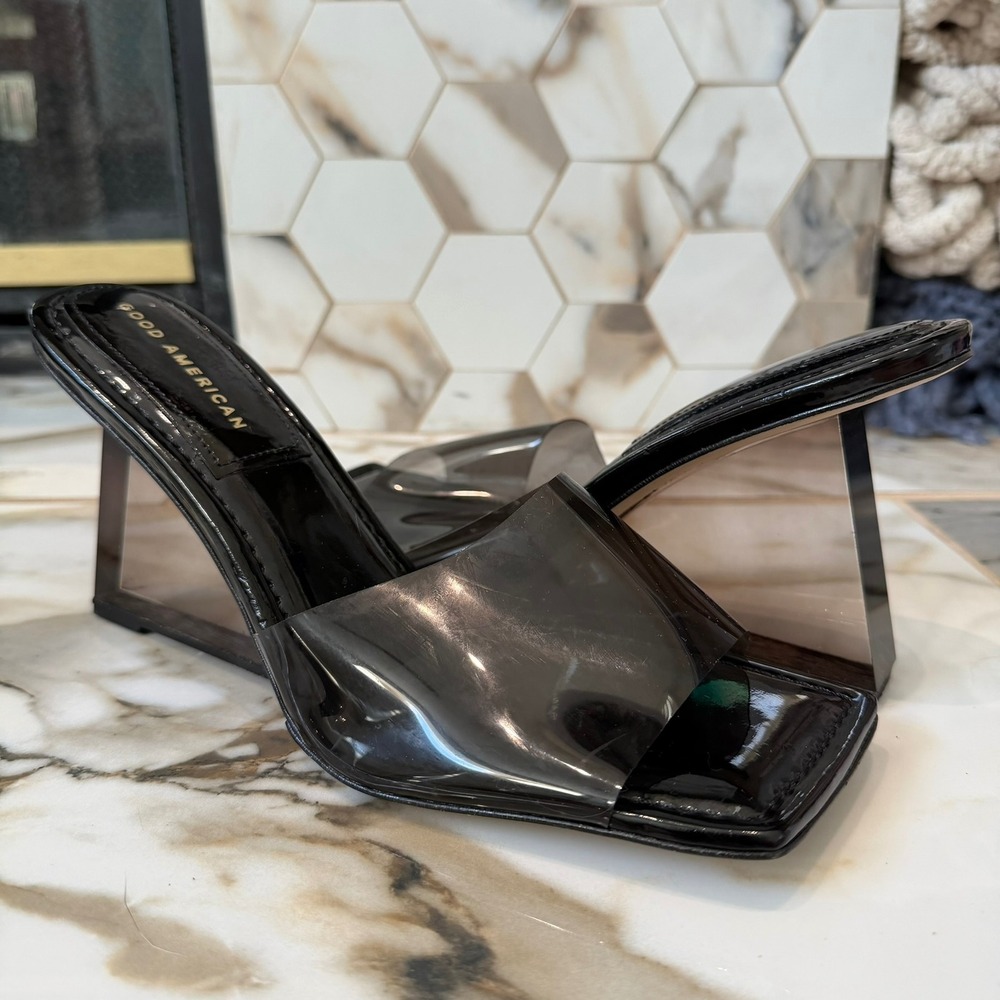Good American Cinderella Square Toe Black Smoke Clear Wedge Slide Sandals Sz 11